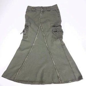 Vintage Anthropologie Nori Y2K Maxi Cargo Skirt w/ Zipper Pockets and Flared Hem